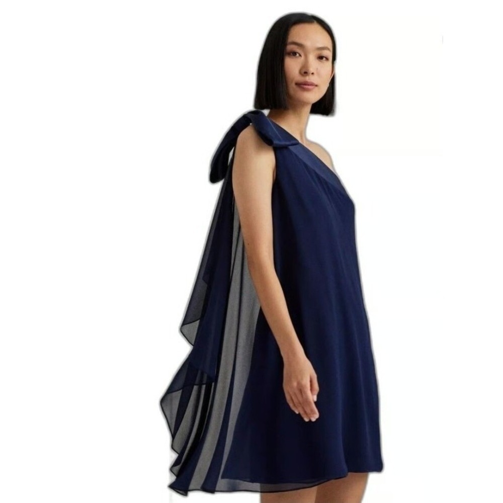 Lauren Ralph Lauren Dress Women 14 Navy Blue Black Label Velour One Shoulder Bow